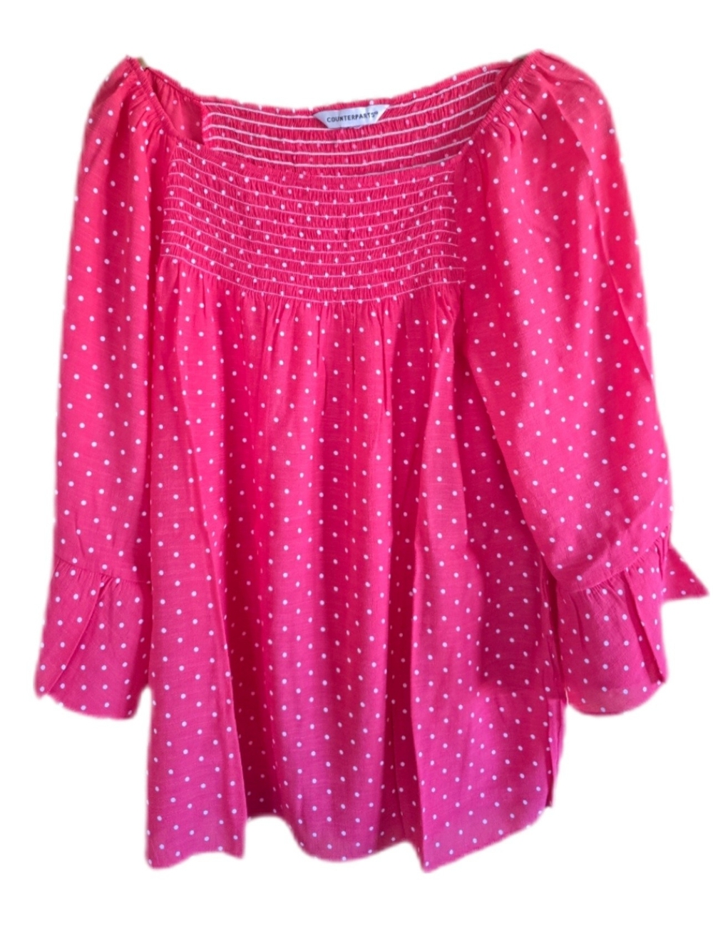 Breezy Light Easy-to-Wear Bright Pink Polka Dot Fresh Smocked Blouse Worn Once!